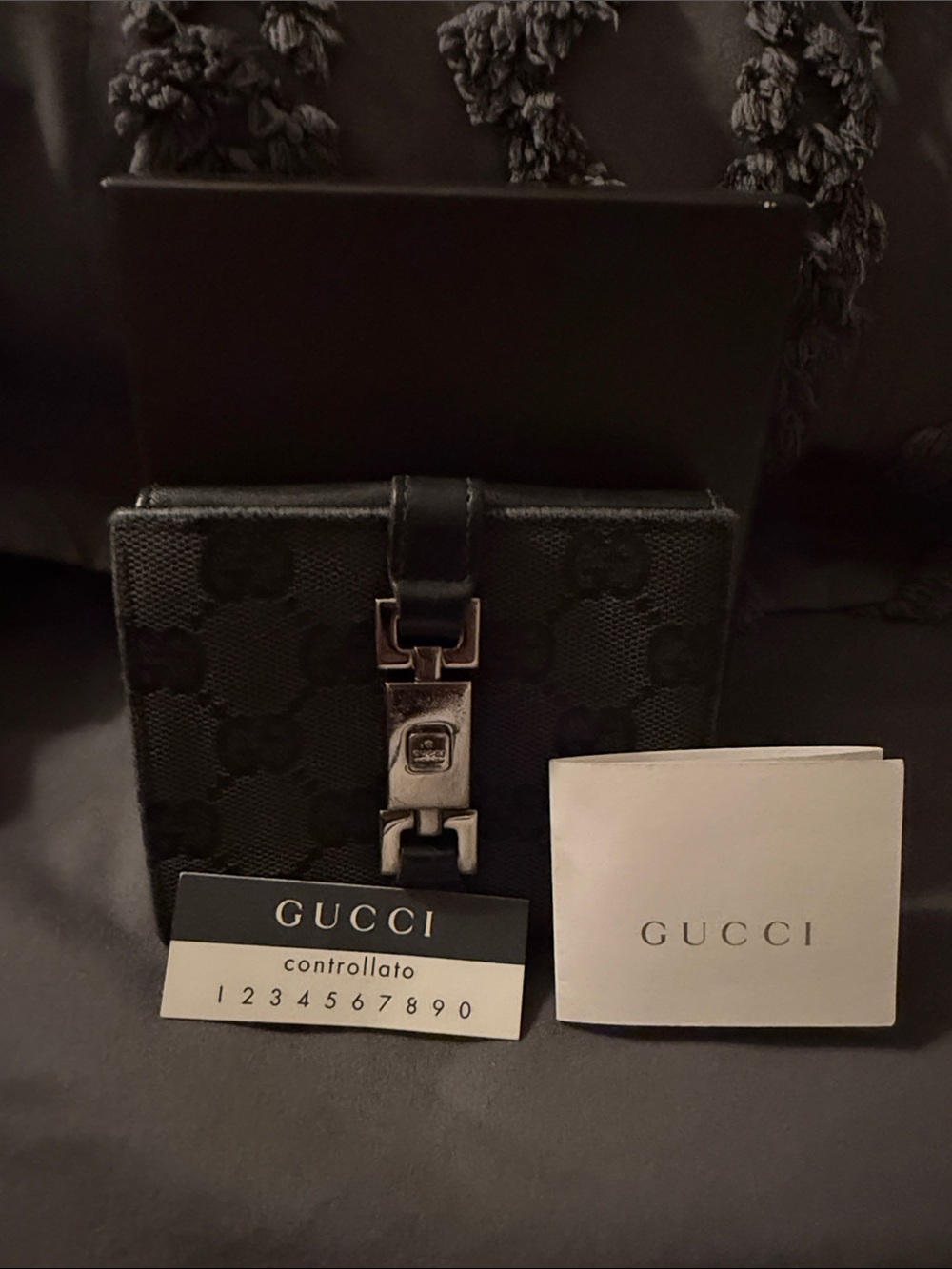Gucci Black GG Monogram Leather Bifold Wallet with Silver Hardware